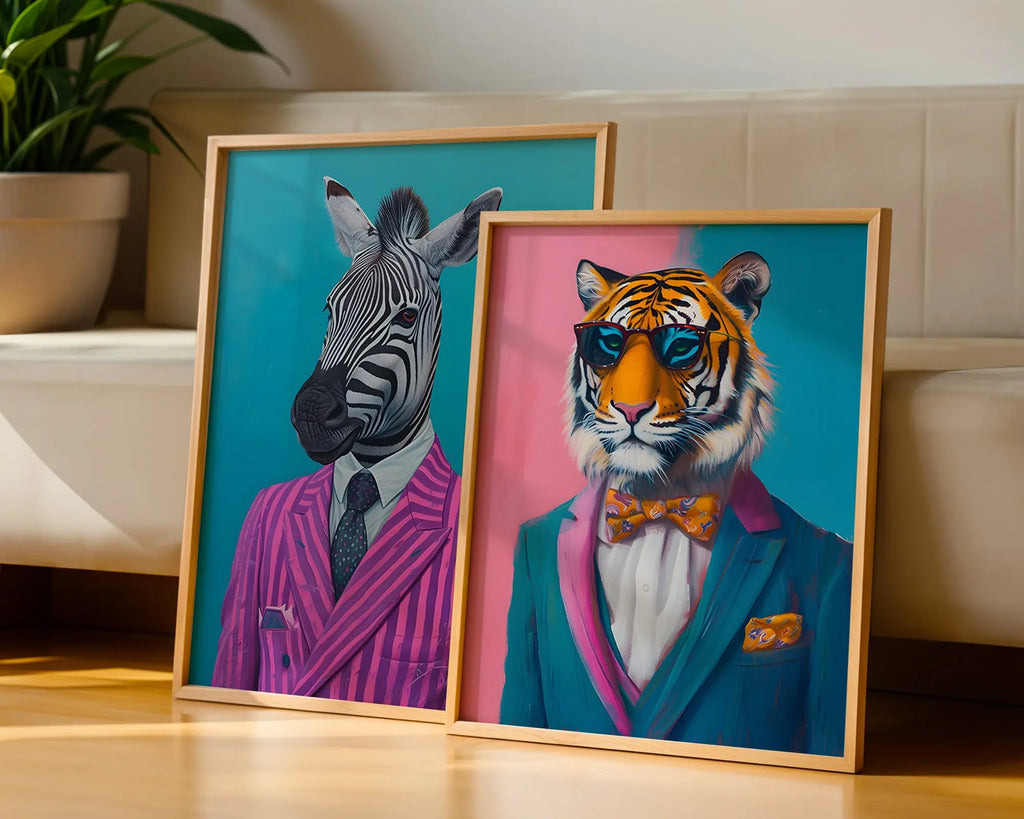 Colourful Prints | Zebra and Tiger Dressed in Suits | Animal Portrait (Set of 2) wall art print, modern home decor, unframed artwork by Nomad & Nest