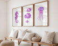Colourful Prints | Purple Ocean Watercolour Print Set |Seahorse, Jellyfish & Fish Wall Art (Set of 3) wall art print, modern home decor, unframed artwork by Nomad & Nest
