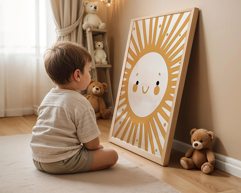 Playroom Ideas | Boho Sun Face Nursery Wall Art | Modern Celestial Baby Print wall art print, modern home decor, unframed artwork by Nomad & Nest