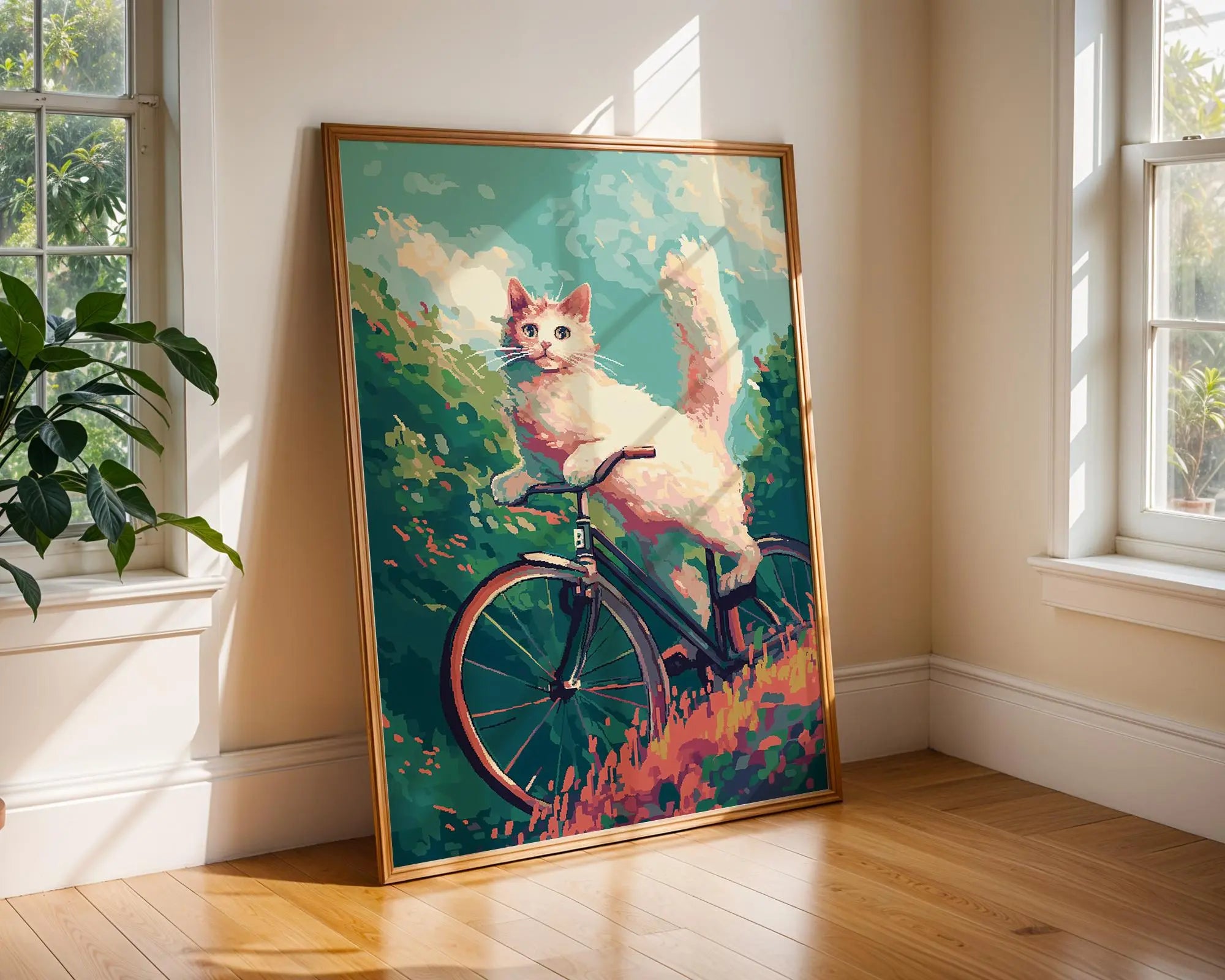 Cat on Bicycle Art Print | Retro Whimsical Illustration wall art print, modern home decor, unframed artwork by Nomad & Nest