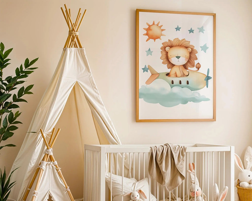 Playroom Ideas | Lion Airplane Nursery Art | Safari Adventure Baby Decor wall art print, modern home decor, unframed artwork by Nomad & Nest