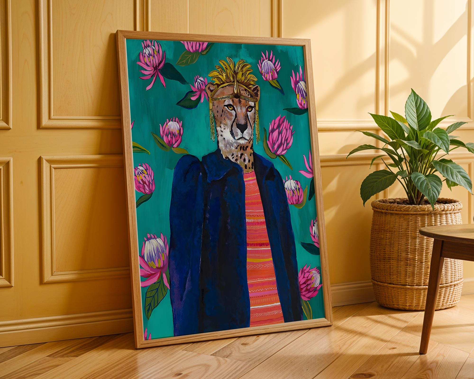 Cheetah Portrait Art Print | Maximalist Animal, Tropical Flowers wall art print, modern home decor, unframed artwork by Nomad & Nest