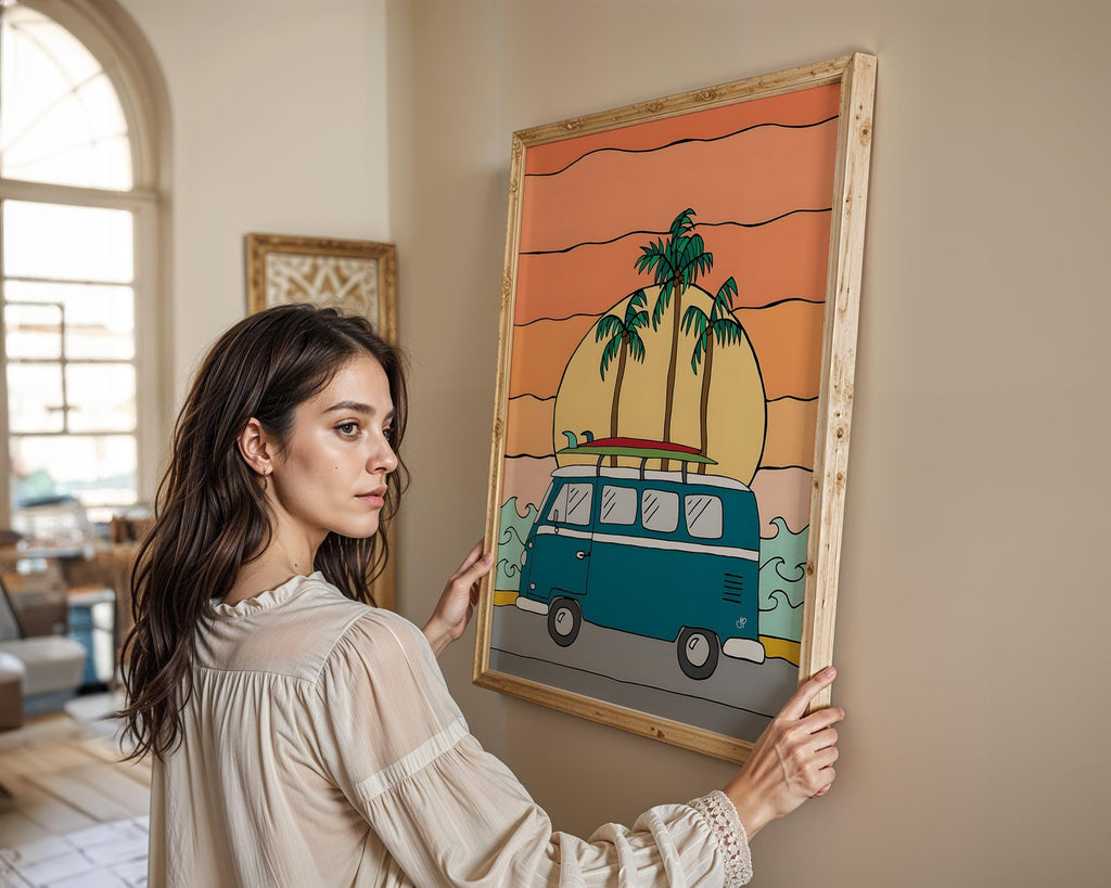 Modern Pop Art | VW Bus Surfboard Print | Retro Summer Beach, California Vibes wall art print, modern home decor, unframed artwork by Nomad & Nest