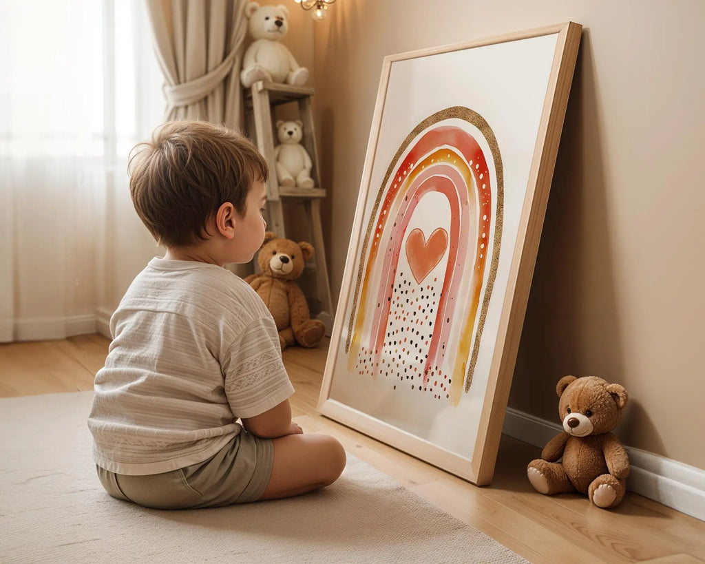Playroom Ideas | Boho Rainbow Nursery Wall Art | Neutral Heart Baby Print wall art print, modern home decor, unframed artwork by Nomad & Nest