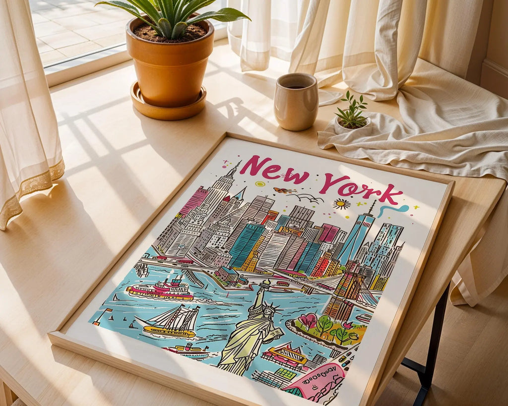 New York Cityscape Poster | Colorful NYC Travel Print wall art print, modern home decor, unframed artwork by Nomad & Nest