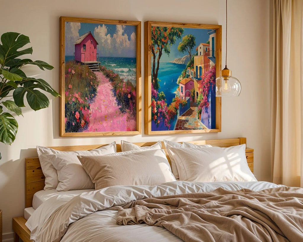 Colourful Prints | Coastal Art Print Set |Pink Beach House & Mediterranean Village (Set of 2) wall art print, modern home decor, unframed artwork by Nomad & Nest