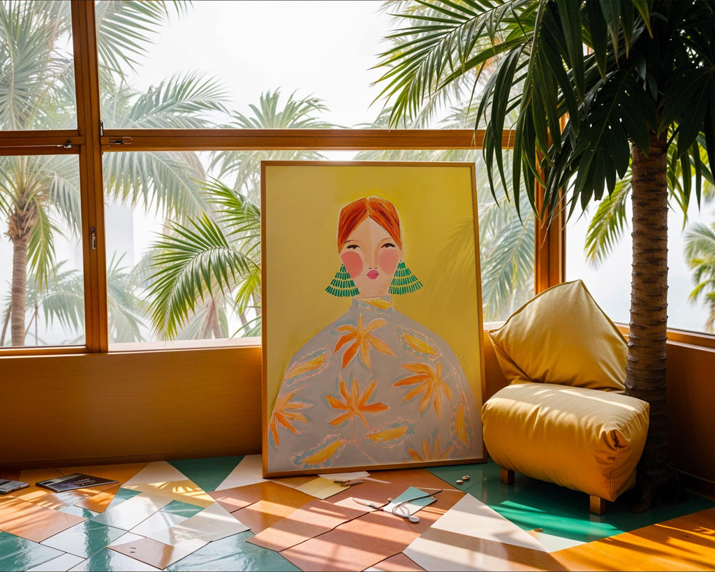 Modern Woman Portrait Art Print | Green Earrings, Yellow Decor wall art print, modern home decor, unframed artwork by Nomad & Nest