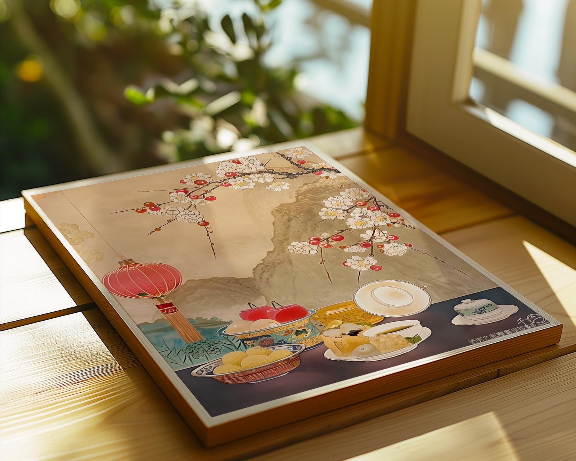 Oriental Tea Ceremony Print | Cherry Blossom, Lanterns Asian Wall Art wall art print, modern home decor, unframed artwork by Nomad & Nest