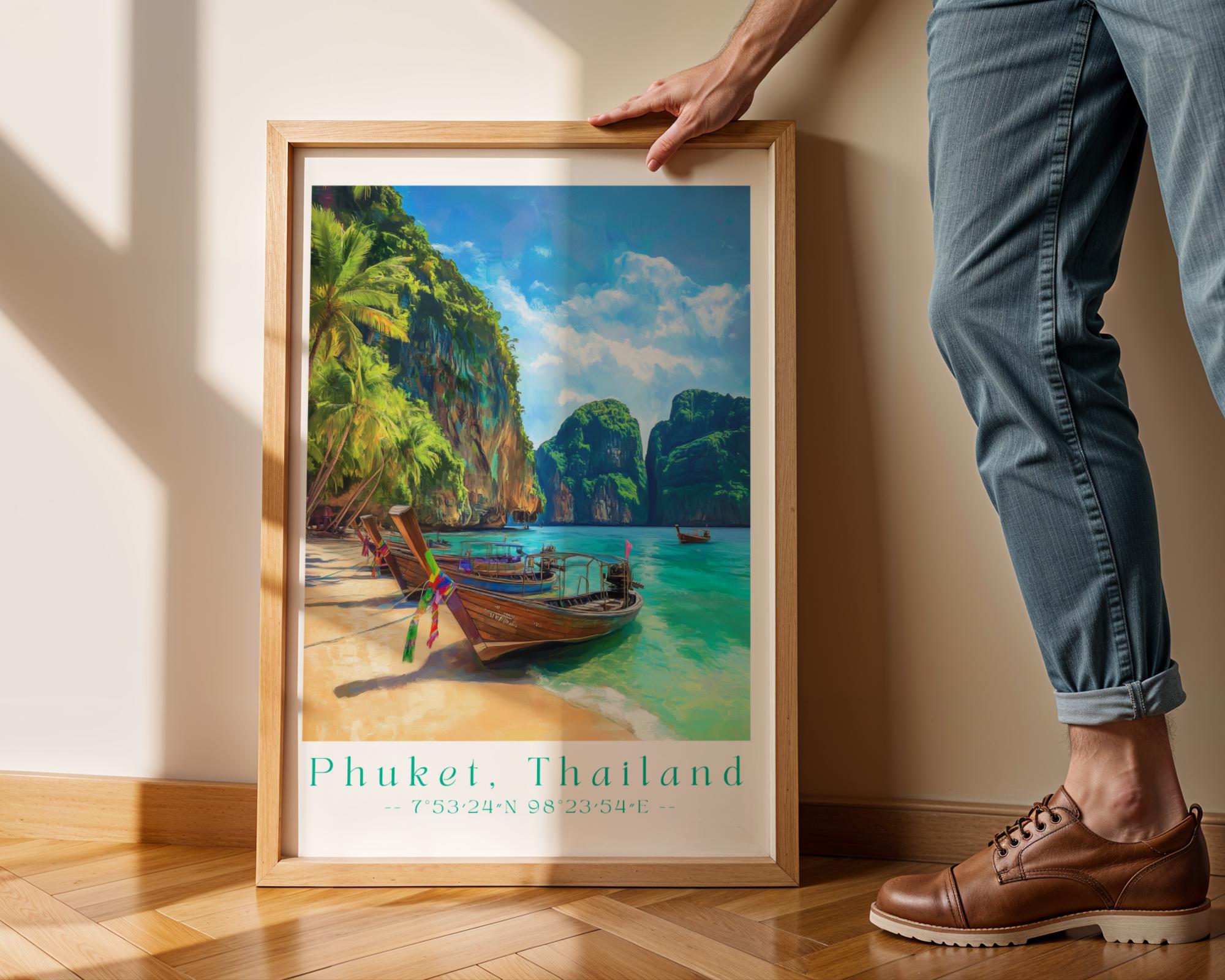 Phuket Thailand Art Print – Longtail Boat, Tropical Beach Poster wall art print, modern home decor, unframed artwork by Nomad & Nest
