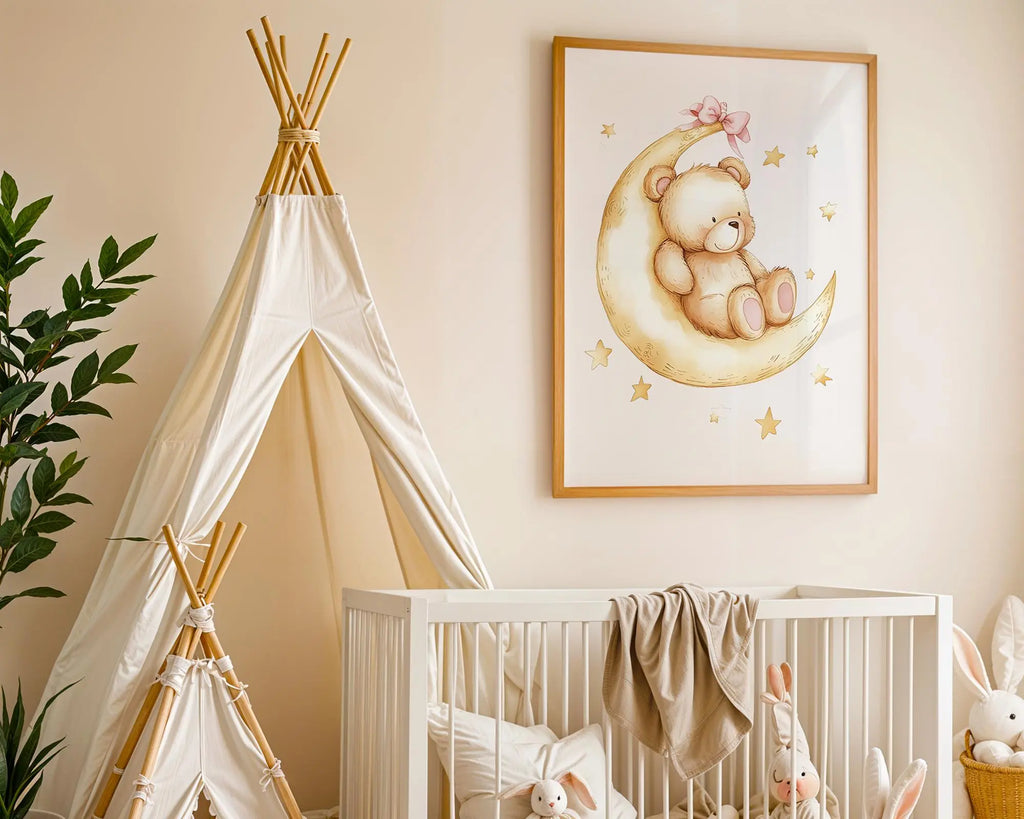 Playroom Ideas | Bear Moon Nursery Wall Art | Dreamy Night Sky Print wall art print, modern home decor, unframed artwork by Nomad & Nest