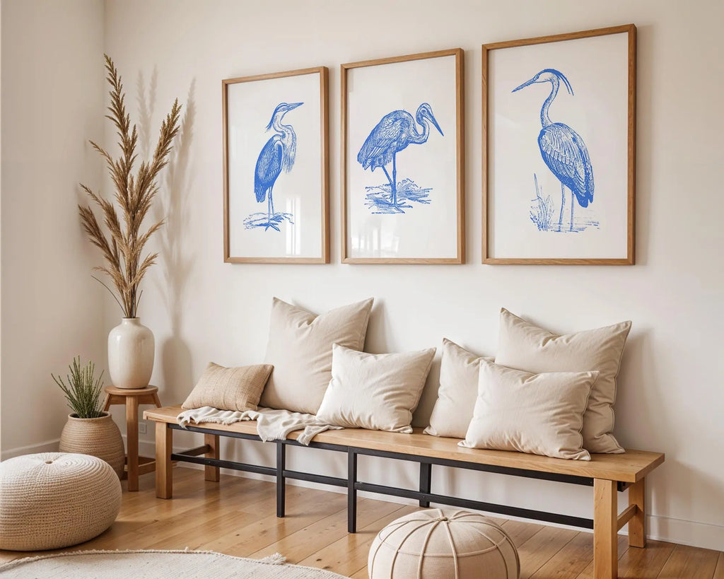Colourful Prints | Blue Heron Line Art Print Set • Coastal Nautical Wall Decor wall art print, modern home decor, unframed artwork by Nomad & Nest
