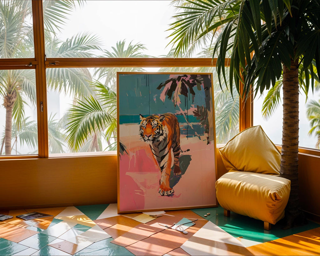 Colourful Prints | Abstract Tiger Beach Art Print | Modern Safari Wall Decor wall art print, modern home decor, unframed artwork by Nomad & Nest