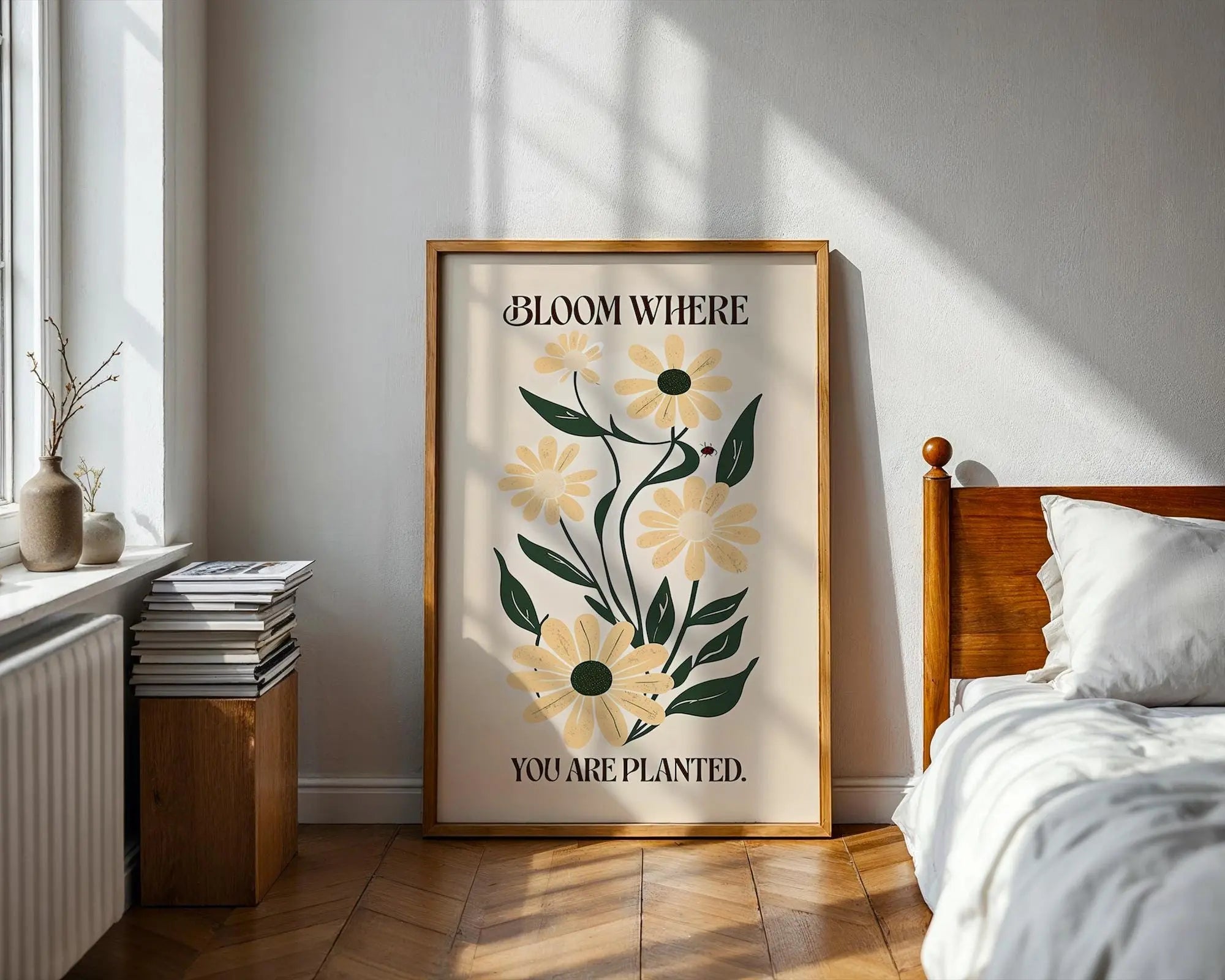 Positive Emotion | Bloom Where You Are Planted – Vintage Daisy Illustration, Inspirational Floral Wall Art wall art print, modern home decor, unframed artwork by Nomad & Nest