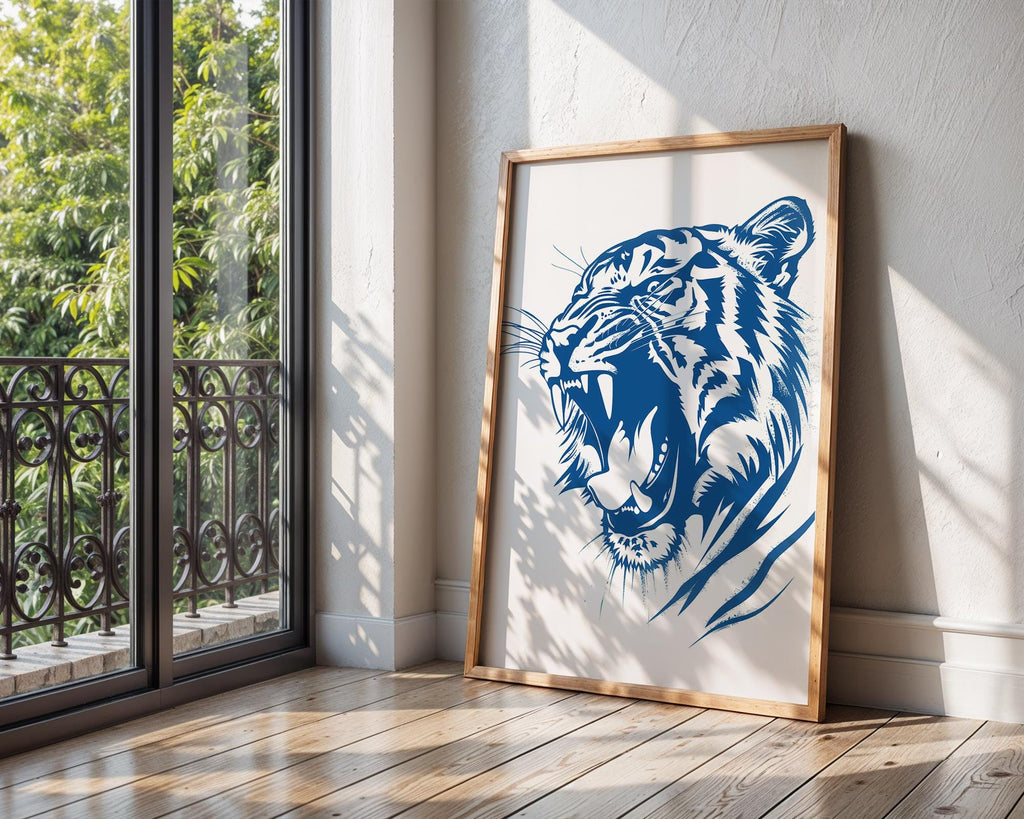 Deep Blue Roaring Tiger Print, Bold Animal Poster wall art print, modern home decor, unframed artwork by Nomad & Nest