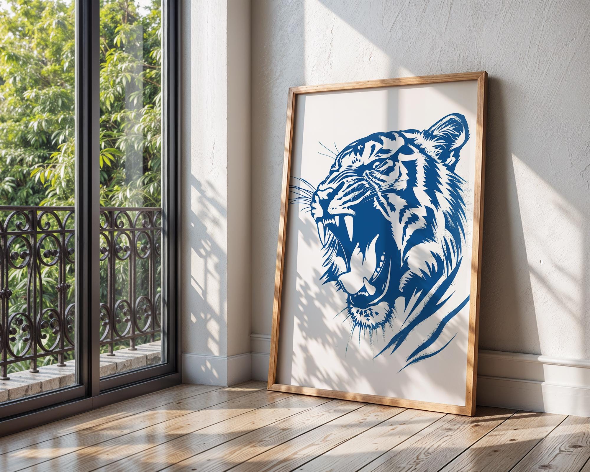 Deep Blue Roaring Tiger Print, Bold Animal Poster wall art print, modern home decor, unframed artwork by Nomad & Nest