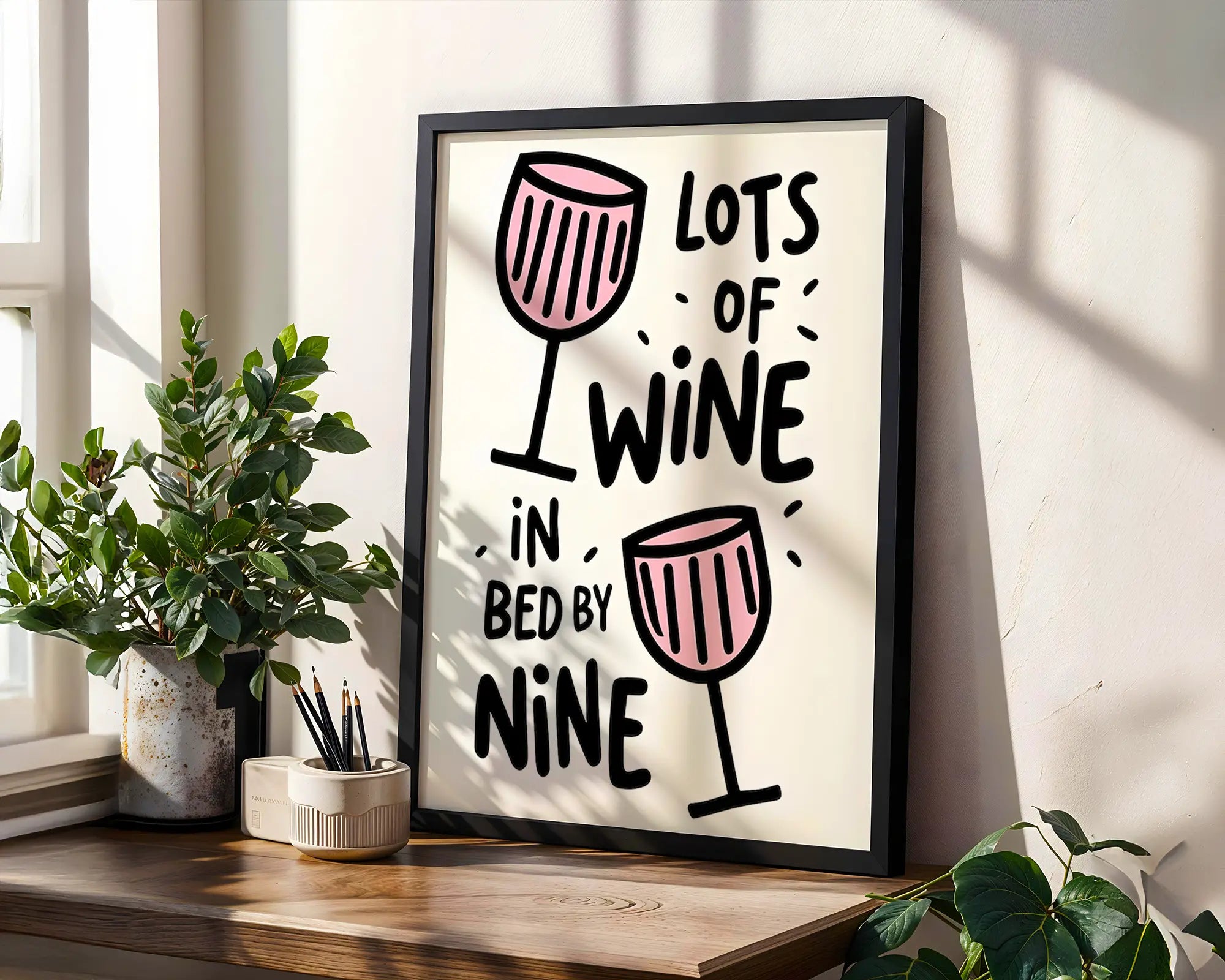 Positive Emotion | Lots Of Wine In Bed By Nine Wall Art | Funny Wine Quote | Playful Home Bar Decor Print wall art print, modern home decor, unframed artwork by Nomad & Nest