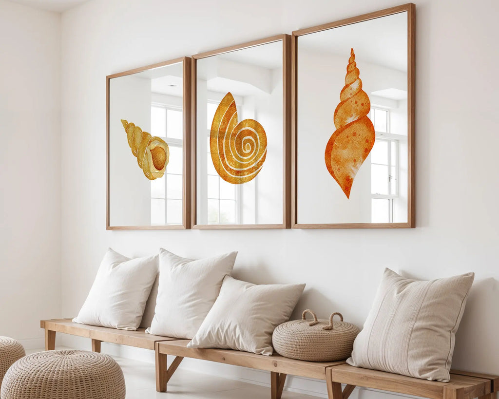 Colourful Prints | Seashell Wall Art Prints | Orange & Gold Watercolour (Set of 3) wall art print, modern home decor, unframed artwork by Nomad & Nest