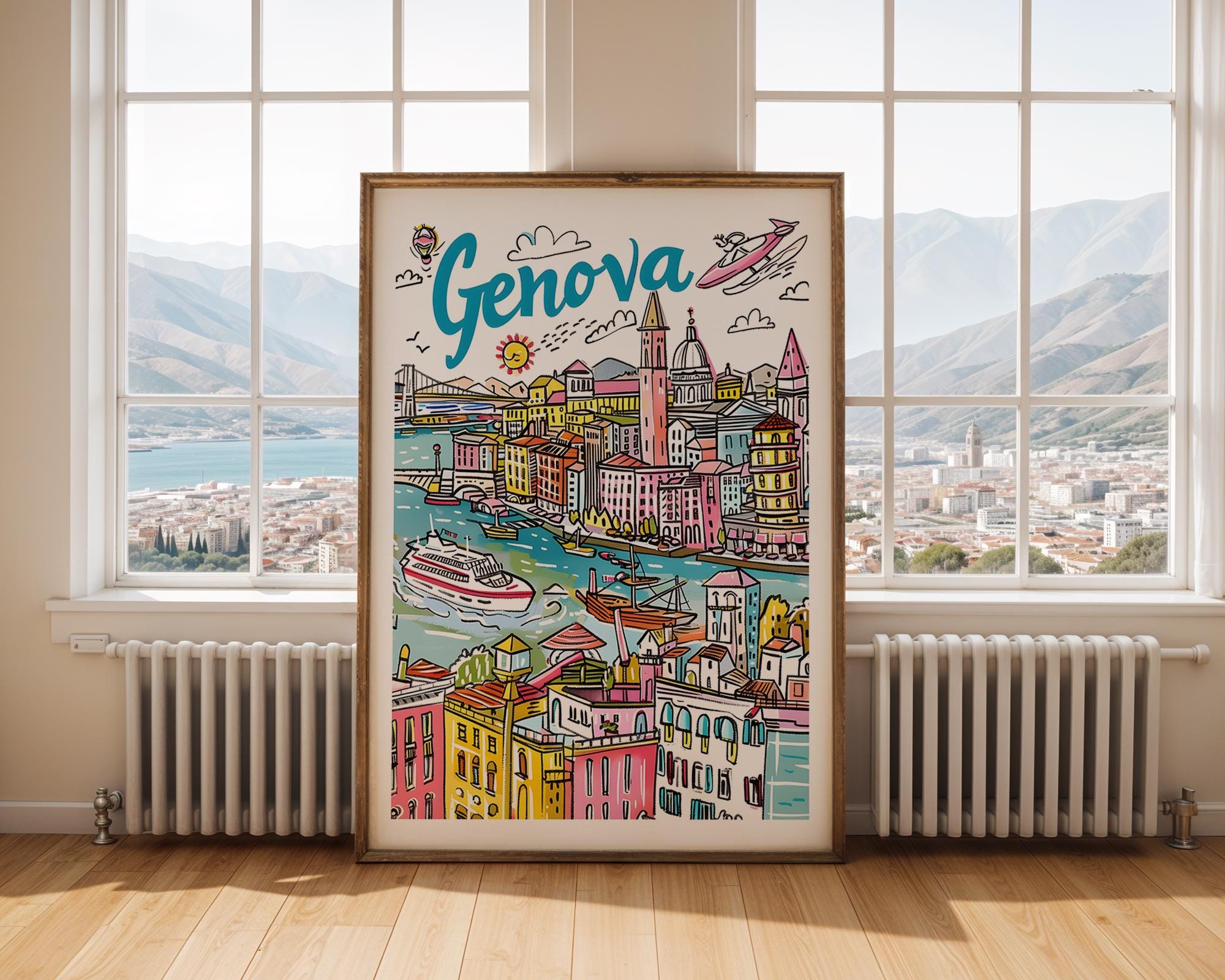 Genova Italy Travel Poster | Colorful Italian Riviera Wall Art wall art print, modern home decor, unframed artwork by Nomad & Nest