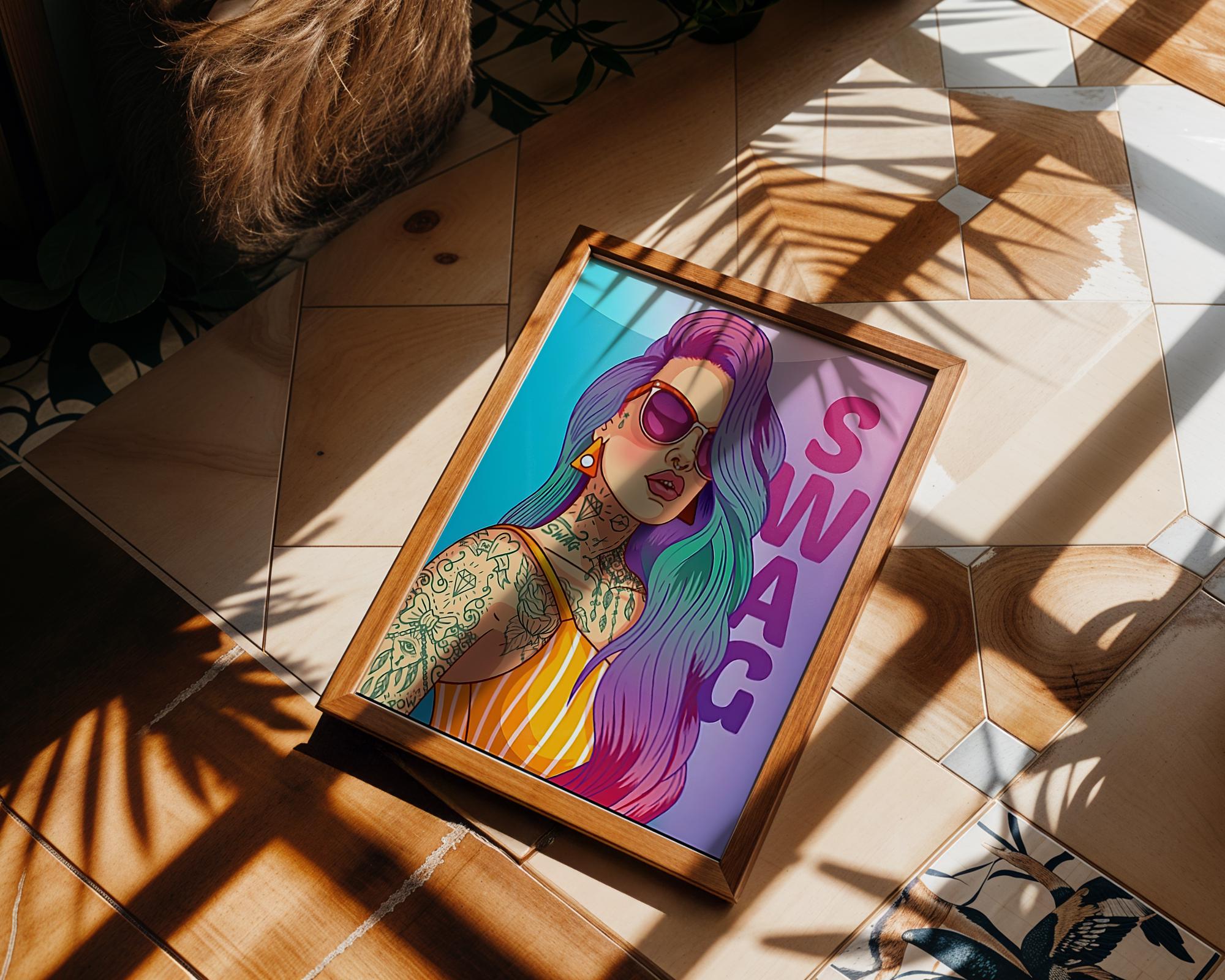 Modern Pop Art | Swag Girl  Print | Rainbow Hair, Tattoo Street wall art print, modern home decor, unframed artwork by Nomad & Nest