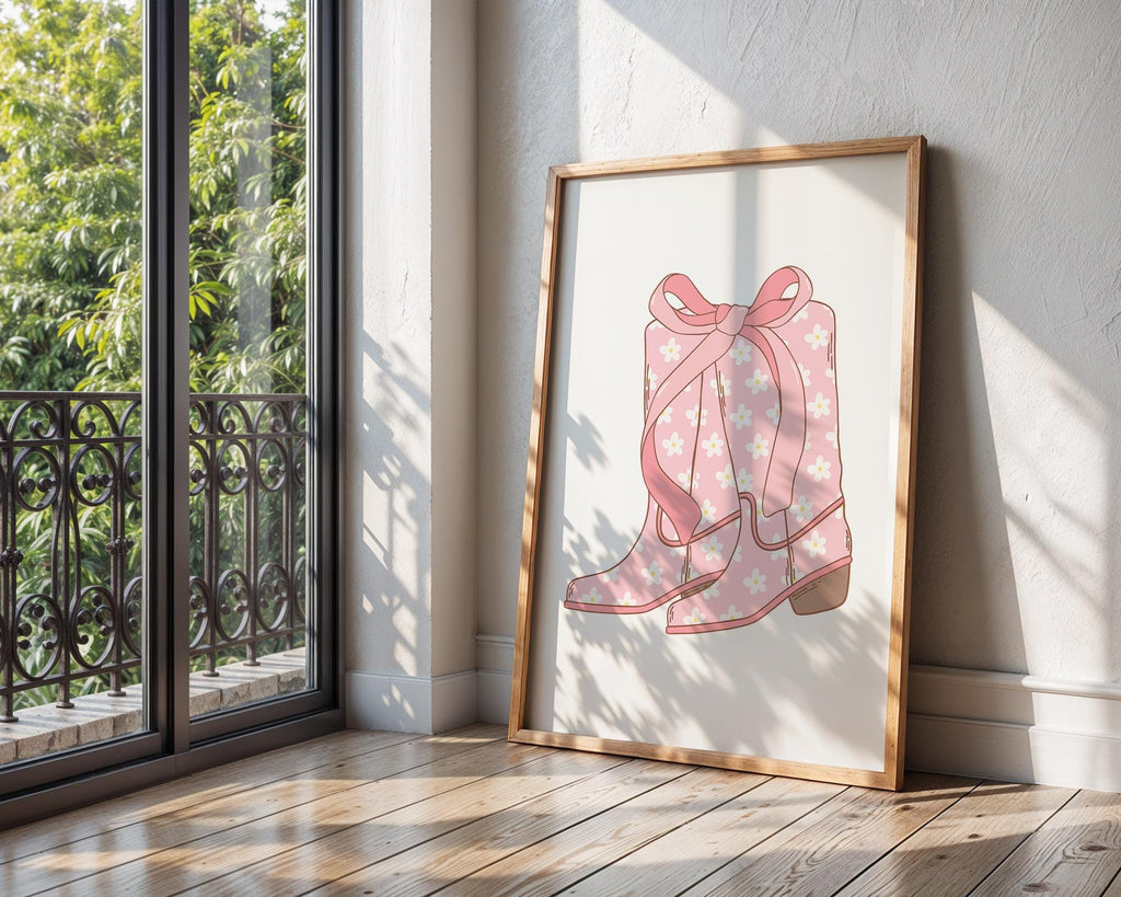 Pink Daisy Cowboy Boots Print | Girly Western Wall Art wall art print, modern home decor, unframed artwork by Nomad & Nest