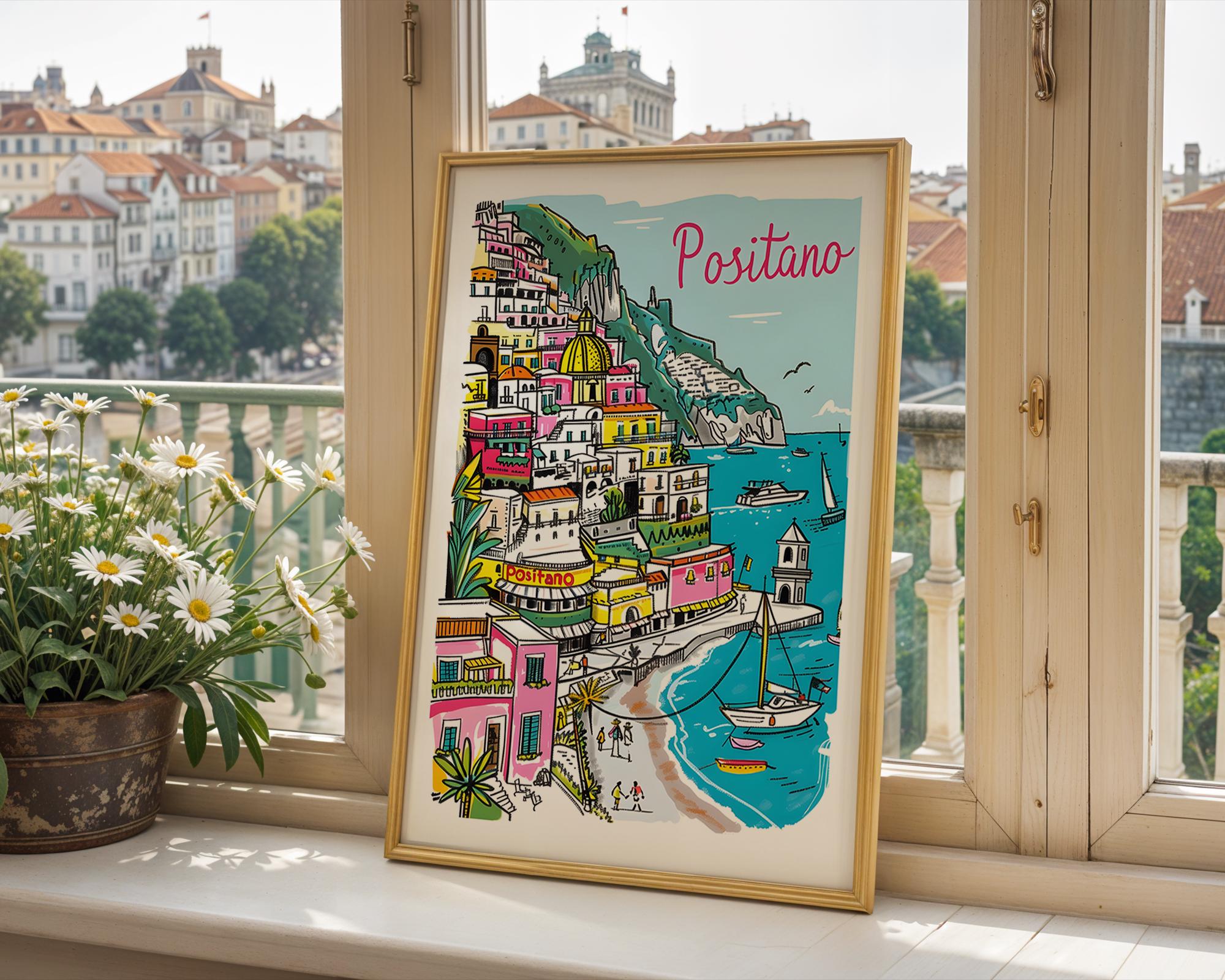 Positano Italy Print | Colorful Amalfi Coast Wall Art wall art print, modern home decor, unframed artwork by Nomad & Nest