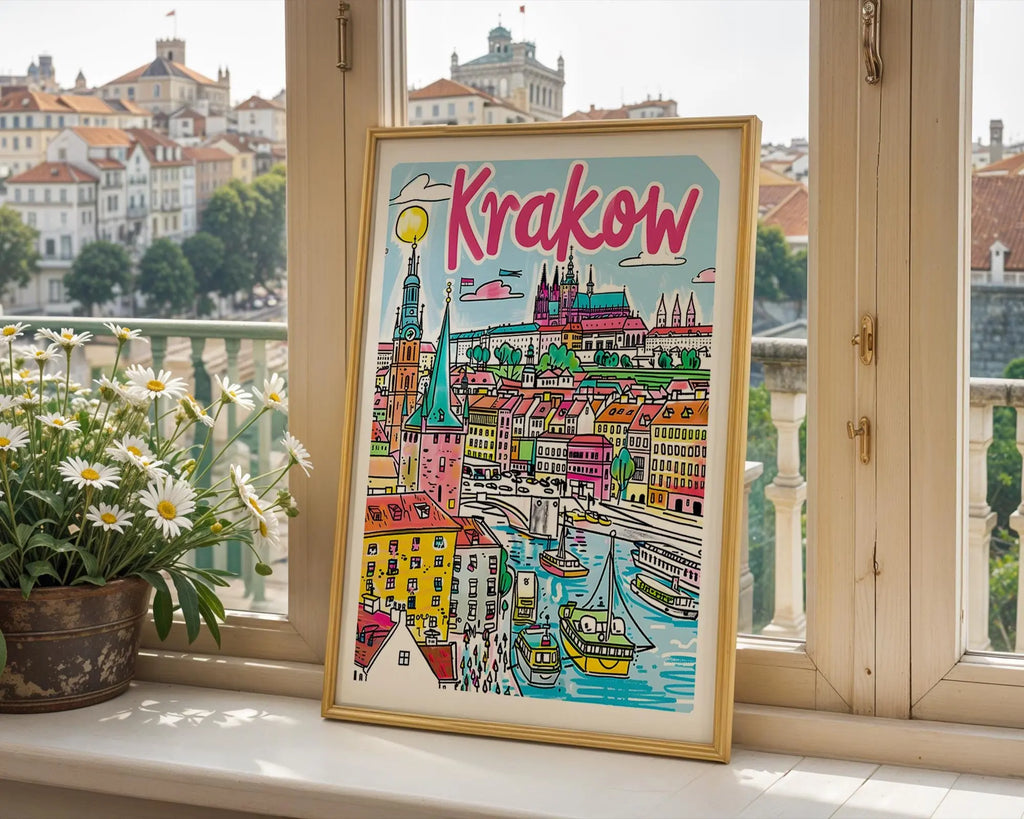 Krakow Poland Travel Poster | Colorful City Art Print wall art print, modern home decor, unframed artwork by Nomad & Nest