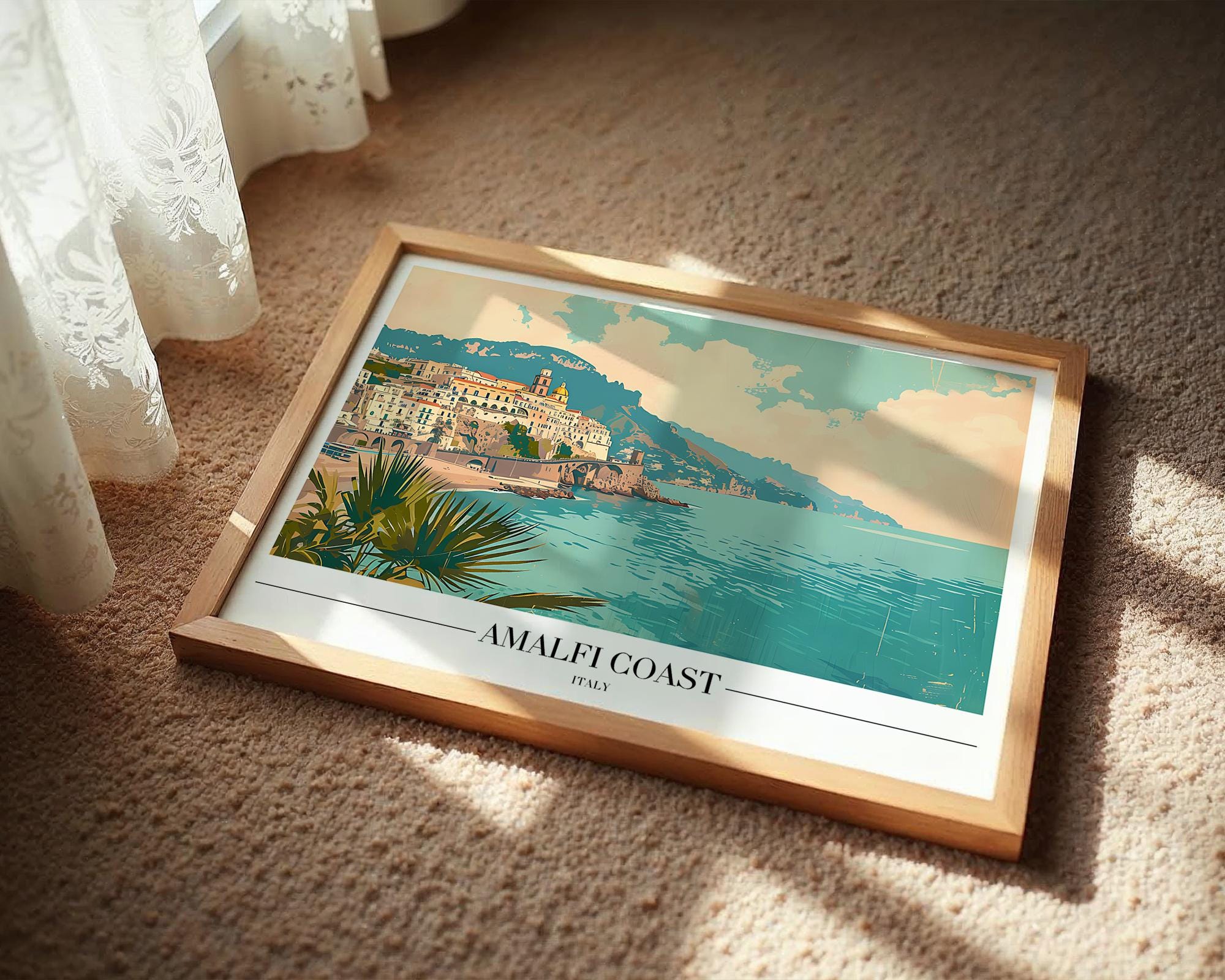 Amalfi Coast Italy Travel Poster | Retro Mediterranean Coastal Print wall art print, modern home decor, unframed artwork by Nomad & Nest