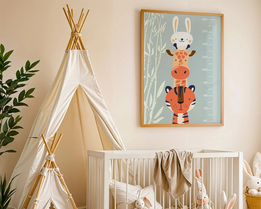 Playroom Ideas | Animal Height Chart Nursery Print | Giraffe Tiger Bunny wall art print, modern home decor, unframed artwork by Nomad & Nest