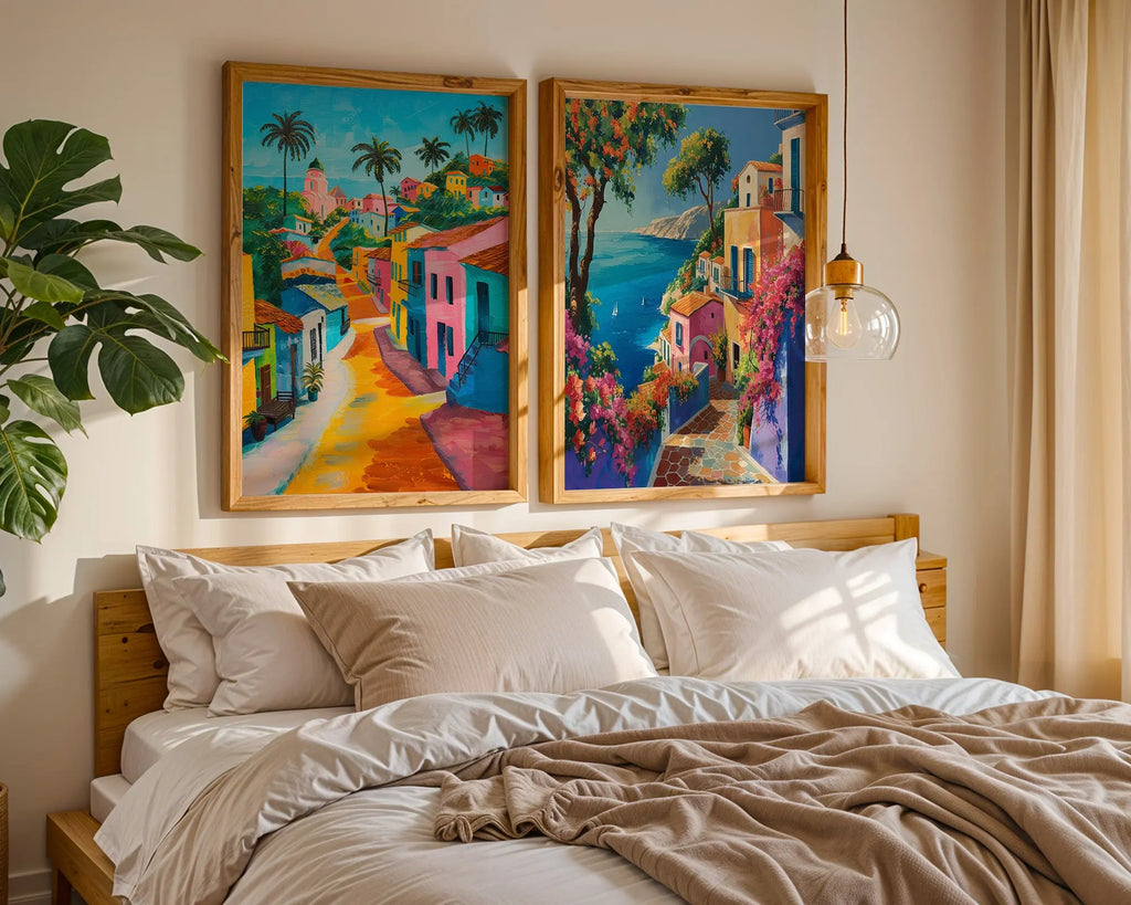 Colourful Prints | Mediterranean Seaside Village Prints Set | Coastal Travel Art (Set of 2) wall art print, modern home decor, unframed artwork by Nomad & Nest