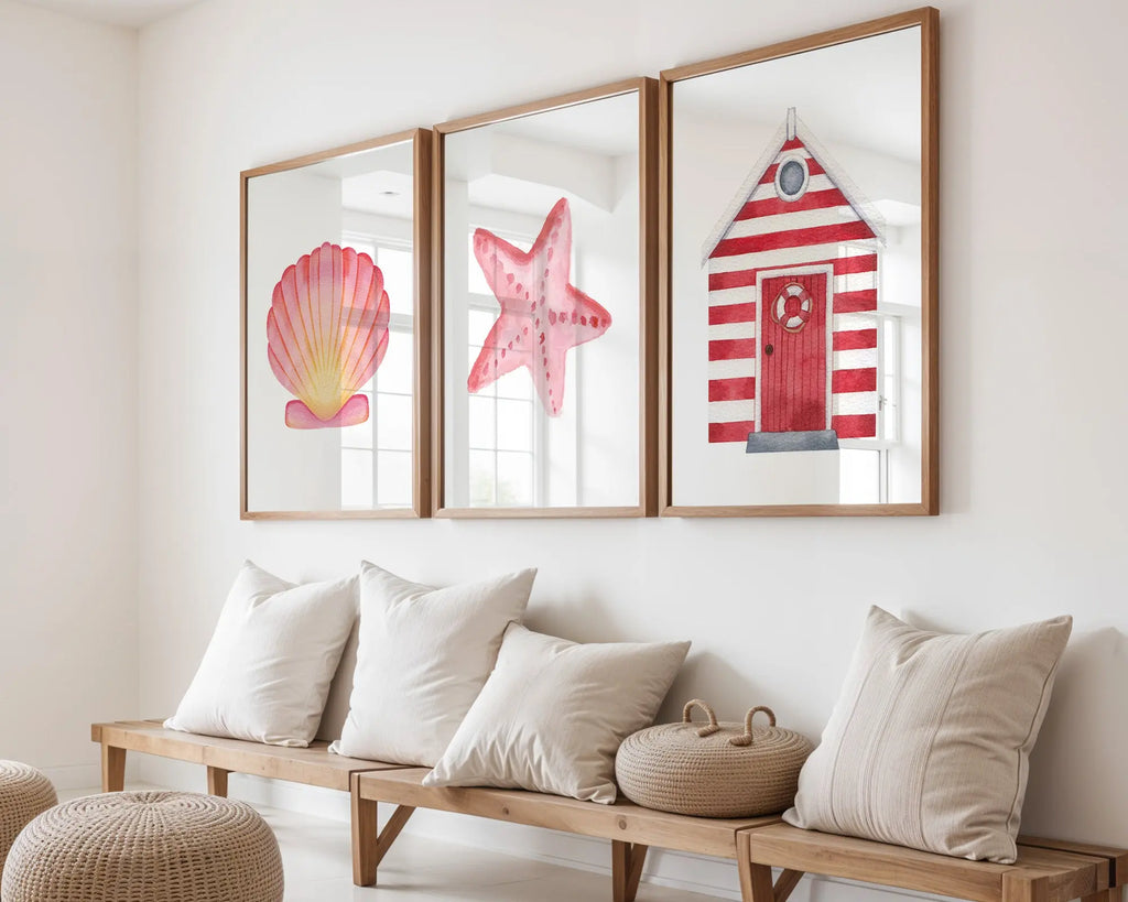 Colourful Prints | Coastal Wall Art Set | Pink Shell, Starfish, Beach Hut Prints (Set of 3) wall art print, modern home decor, unframed artwork by Nomad & Nest