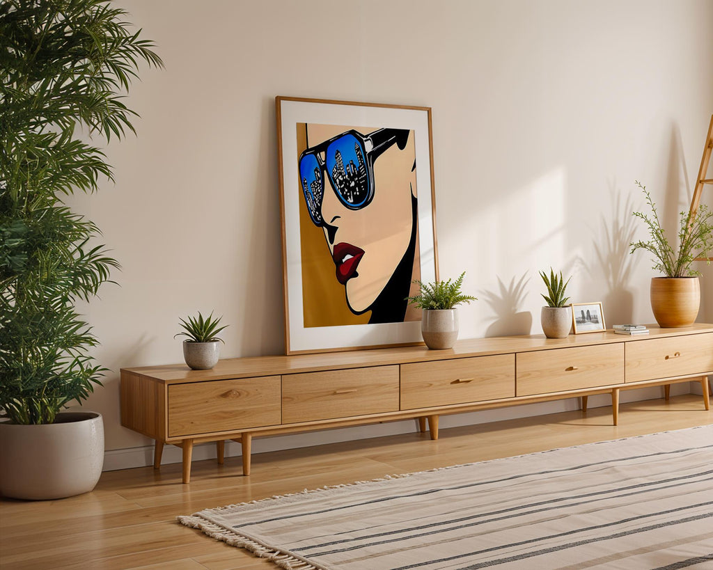 Modern Pop Art | Sunglasses Print | City Skyline Reflection Poster wall art print, modern home decor, unframed artwork by Nomad & Nest