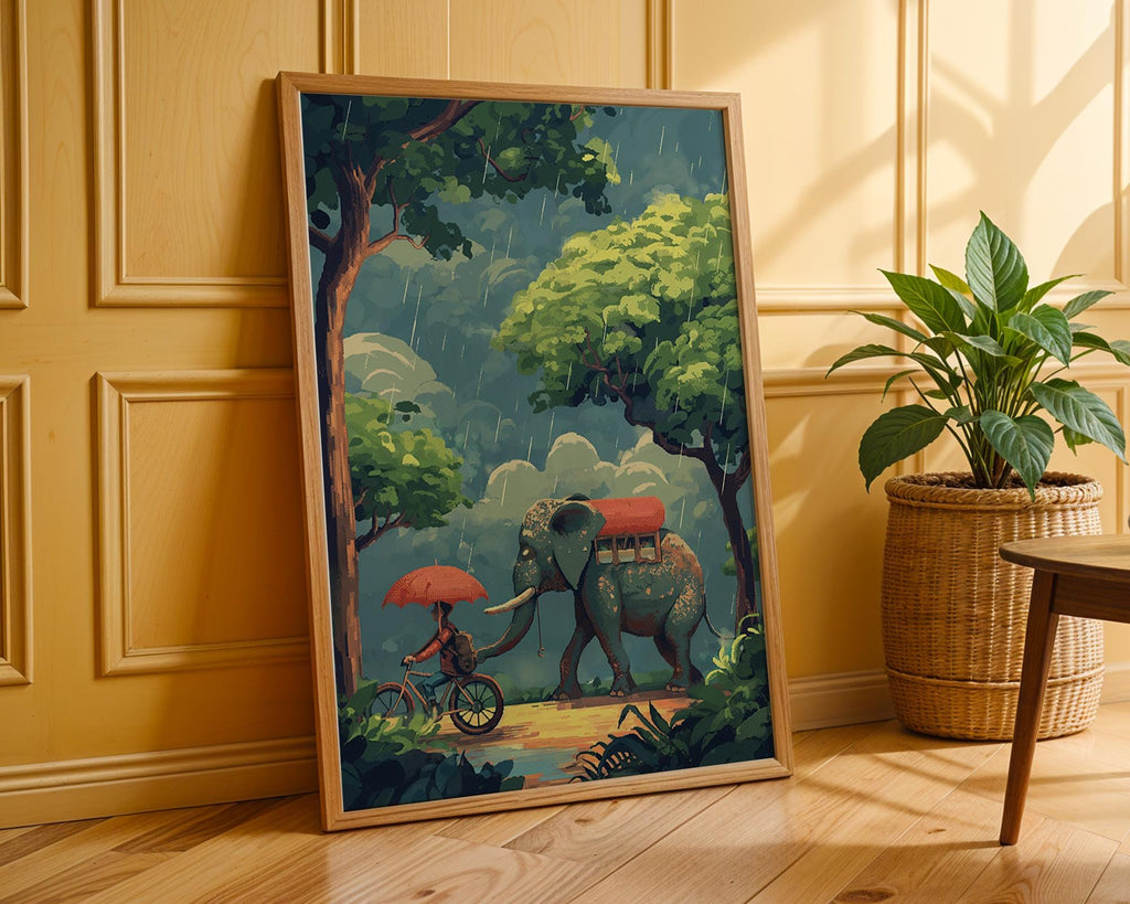 Elephant and Boy Rainy Day Print | Whimsical Friendship Wall Art wall art print, modern home decor, unframed artwork by Nomad & Nest