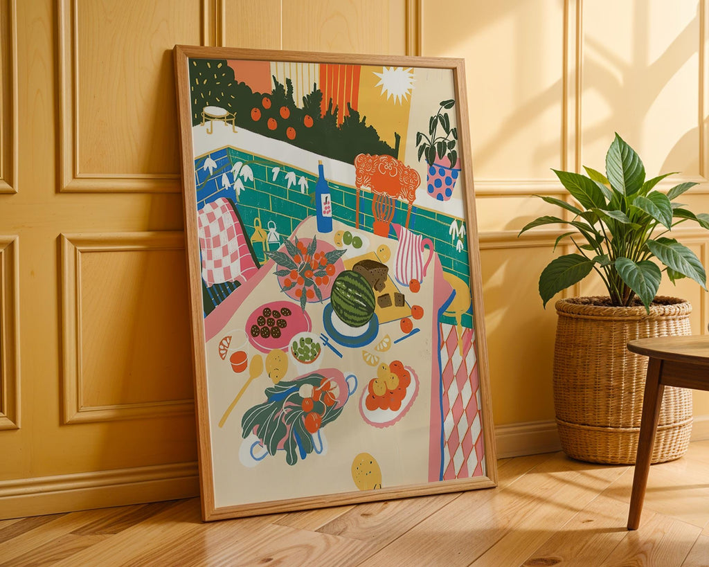Summer Table Art Print | Mediterranean Food Illustration wall art print, modern home decor, unframed artwork by Nomad & Nest