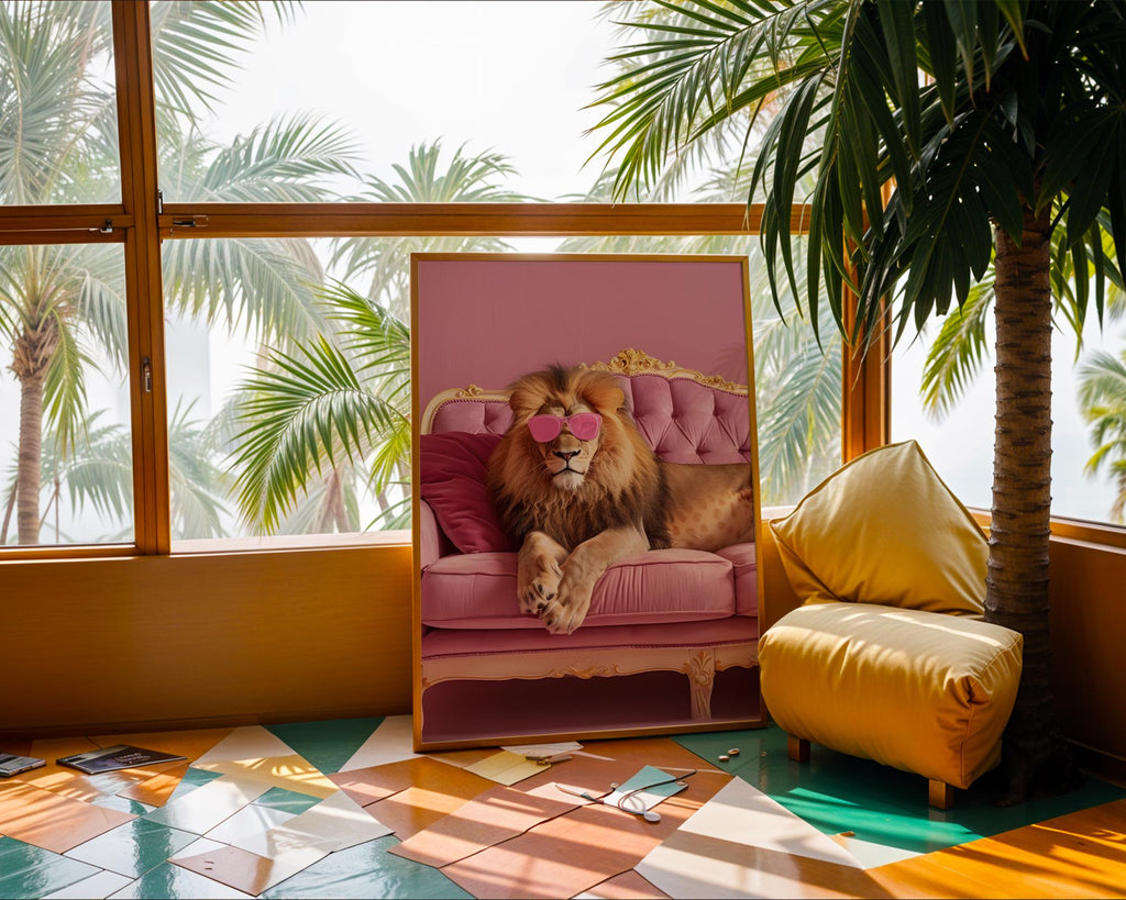 Colourful Prints | Funny Lion Art Print | Pink Sunglasses, Eclectic Home Decor wall art print, modern home decor, unframed artwork by Nomad & Nest