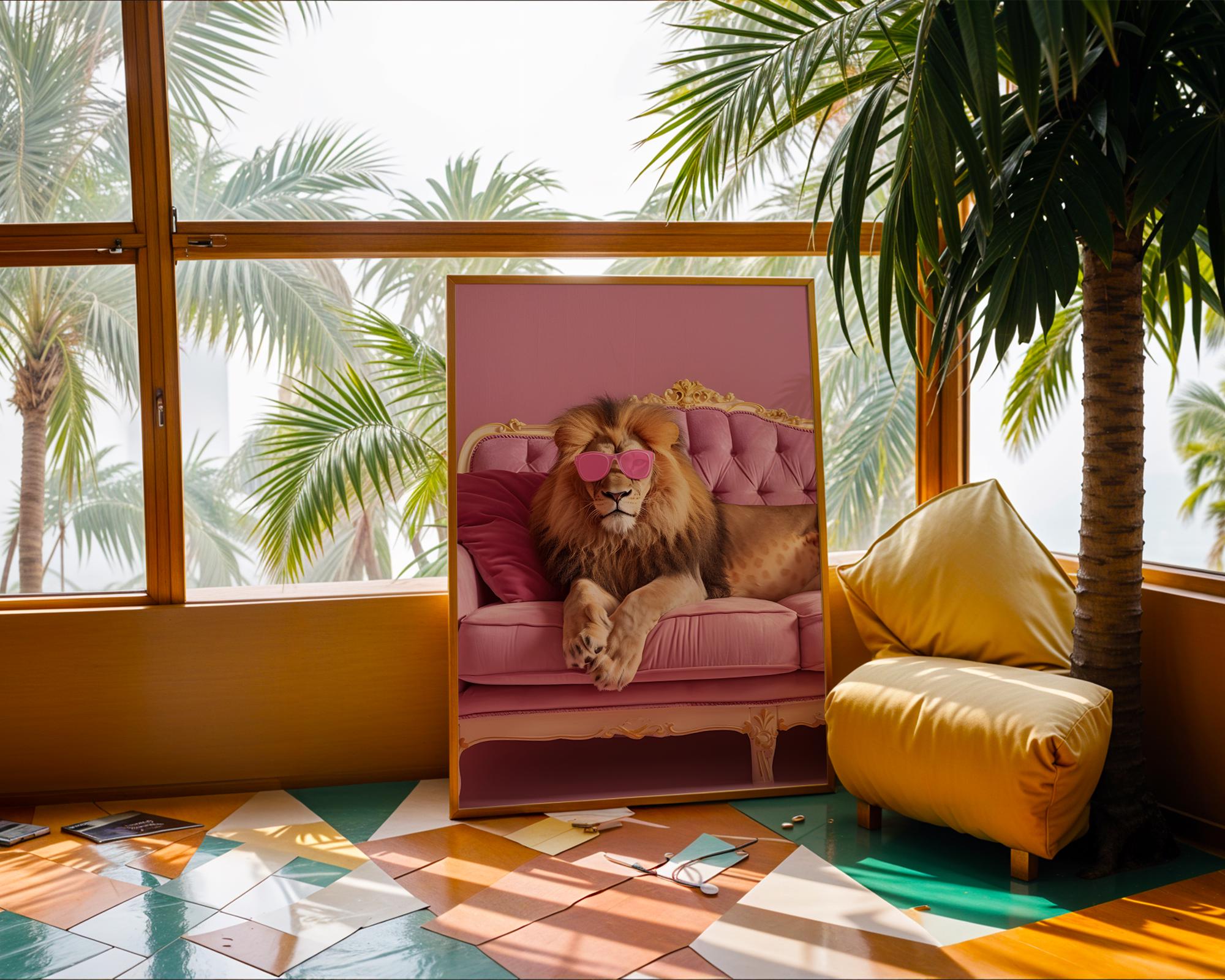 Colourful Prints | Funny Lion Art Print | Pink Sunglasses, Eclectic Home Decor wall art print, modern home decor, unframed artwork by Nomad & Nest