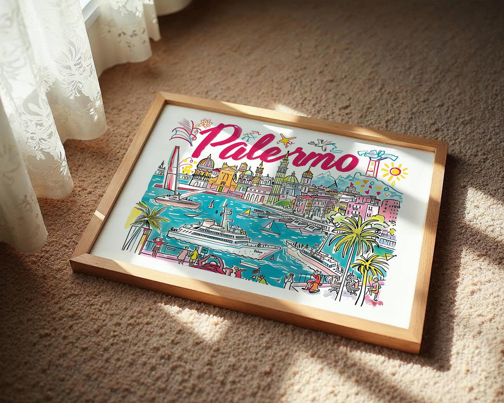Palermo Italy Travel Poster | Colorful Sicilian Coastline Art Print wall art print, modern home decor, unframed artwork by Nomad & Nest