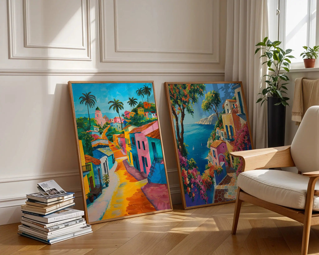 Colourful Prints | Mediterranean Seaside Village Prints Set | Coastal Travel Art (Set of 2) wall art print, modern home decor, unframed artwork by Nomad & Nest