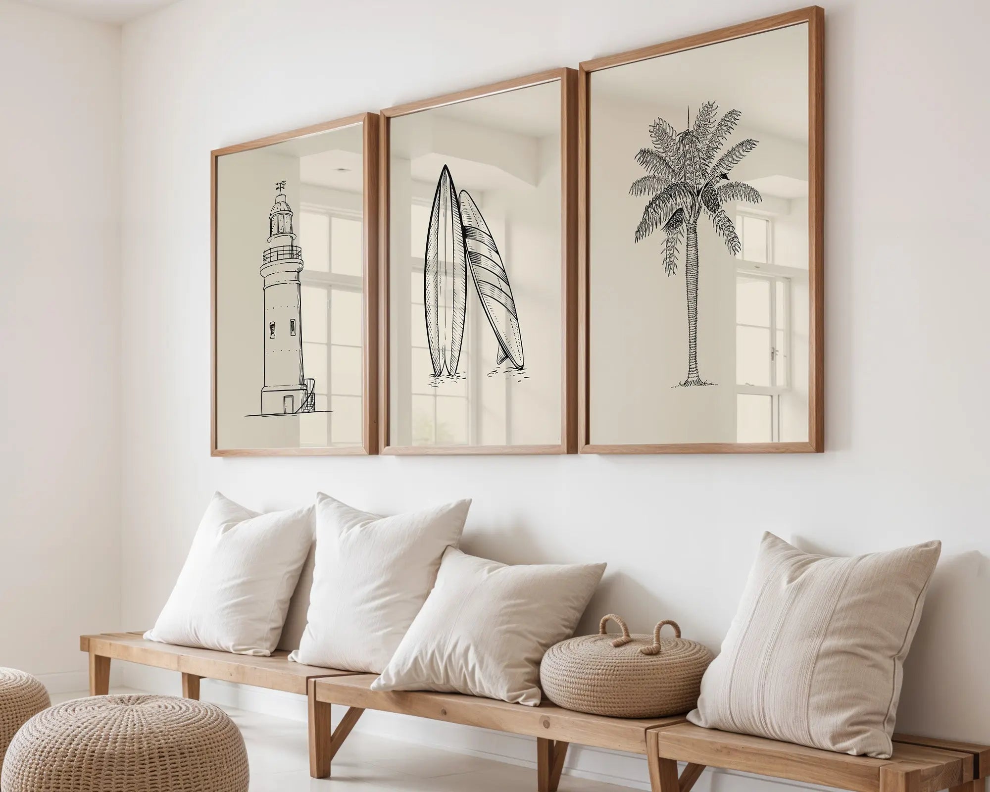 Colourful Prints | Coastal Sketch Art Prints Set | Lighthouse, Palm, Surfboards (Set of 3) wall art print, modern home decor, unframed artwork by Nomad & Nest