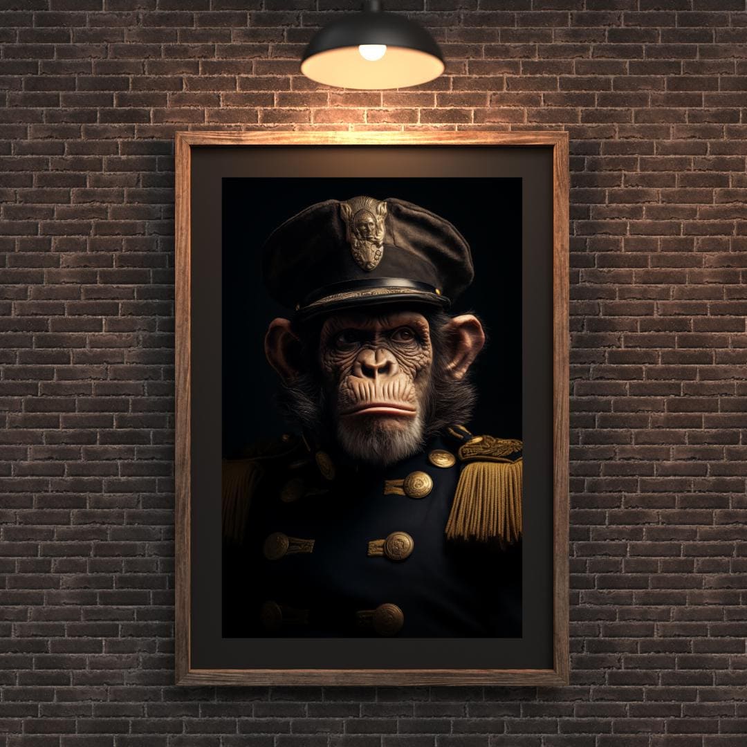 Vintage Chimpanzee Admiral Print – Military Monkey Portrait wall art print, modern home decor, unframed artwork by Nomad & Nest
