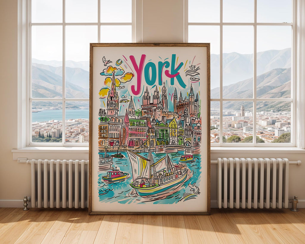 York England Cityscape Print | Colorful UK Travel Poster wall art print, modern home decor, unframed artwork by Nomad & Nest