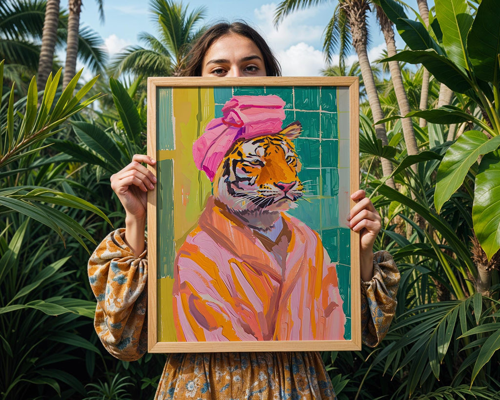Colourful Prints | Tiger in Bathrobe Art Print | Funny Bathroom Animal Poster wall art print, modern home decor, unframed artwork by Nomad & Nest