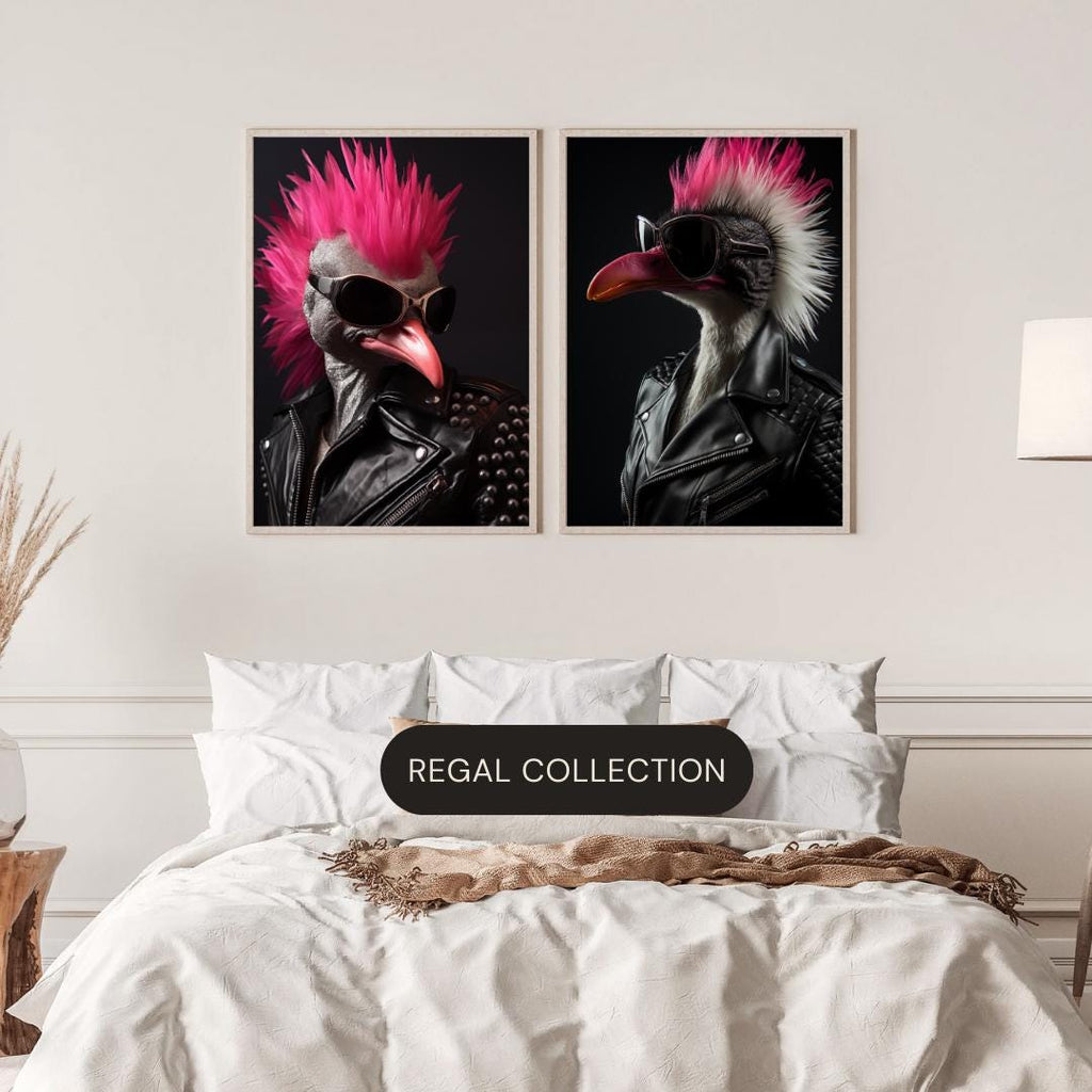 Punk Rock Flamingo Print | Leather Jacket Mohawk Bird Wall Art wall art print, modern home decor, unframed artwork by Nomad & Nest