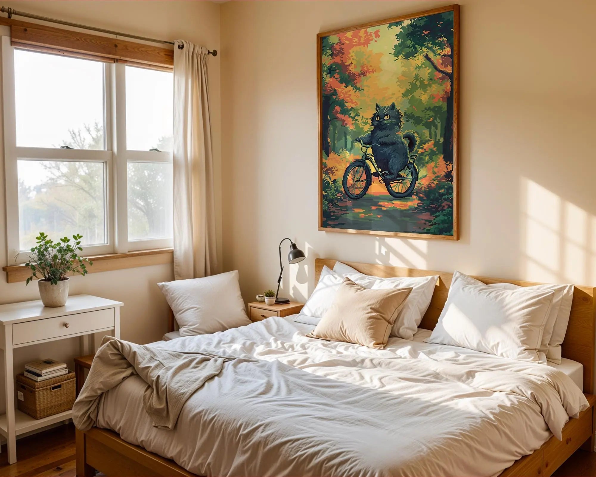 Cat Riding Bicycle Art Print | Whimsical Autumn Decor wall art print, modern home decor, unframed artwork by Nomad & Nest