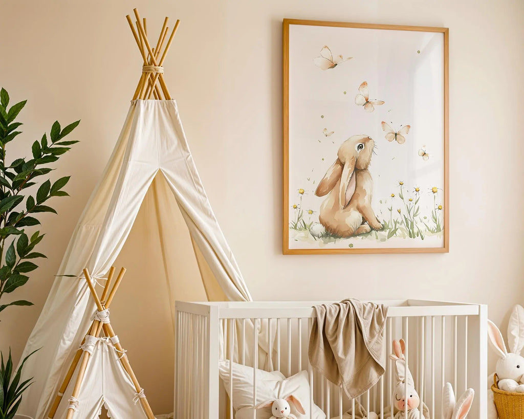 Playroom Ideas | Butterfly Bunny Nursery Wall Art | Soft Nature Illustration wall art print, modern home decor, unframed artwork by Nomad & Nest