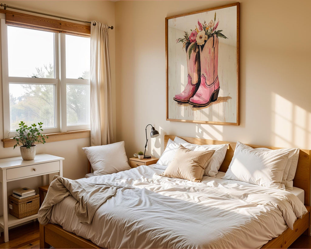 Pink Cowboy Boots with Flowers Print | Floral Western Wall Art wall art print, modern home decor, unframed artwork by Nomad & Nest