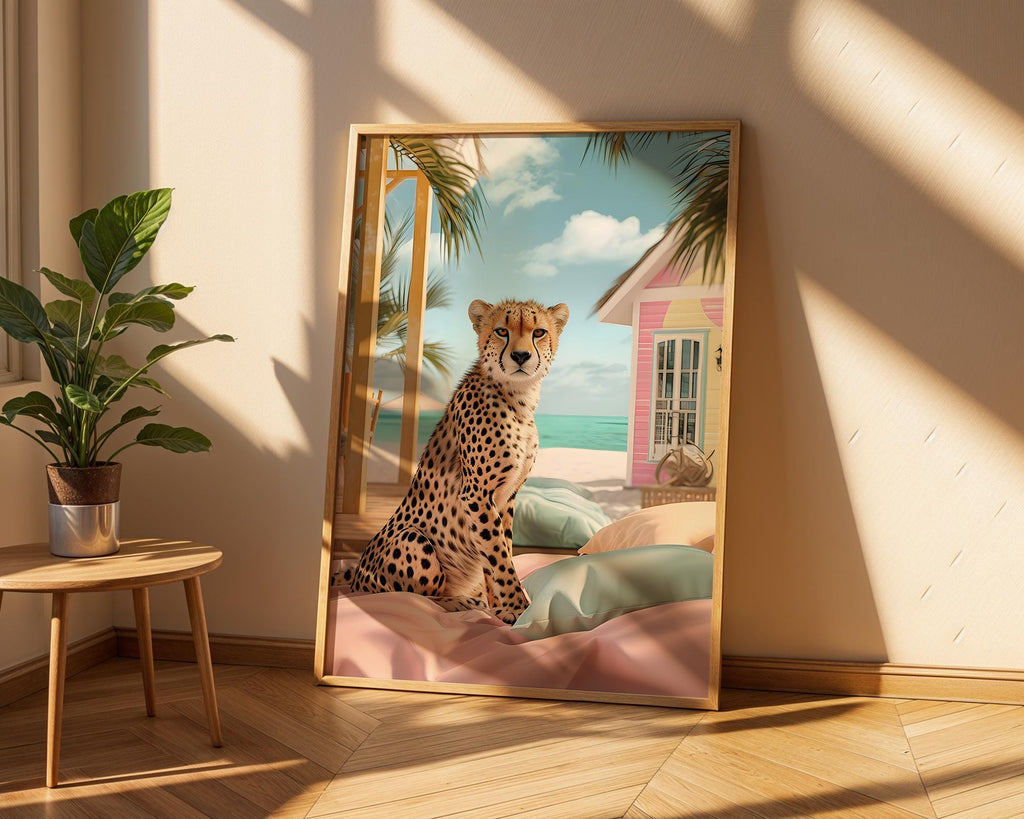 Colourful Prints | Cheetah Beach Print | Tropical Animal Coastal Wall Art wall art print, modern home decor, unframed artwork by Nomad & Nest