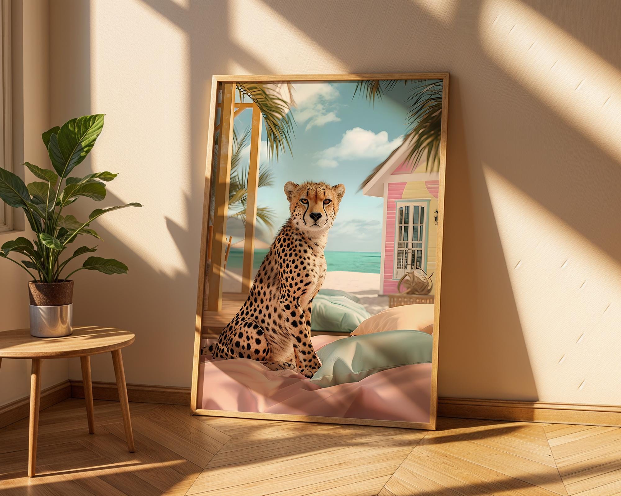 Colourful Prints | Cheetah Beach Print | Tropical Animal Coastal Wall Art wall art print, modern home decor, unframed artwork by Nomad & Nest