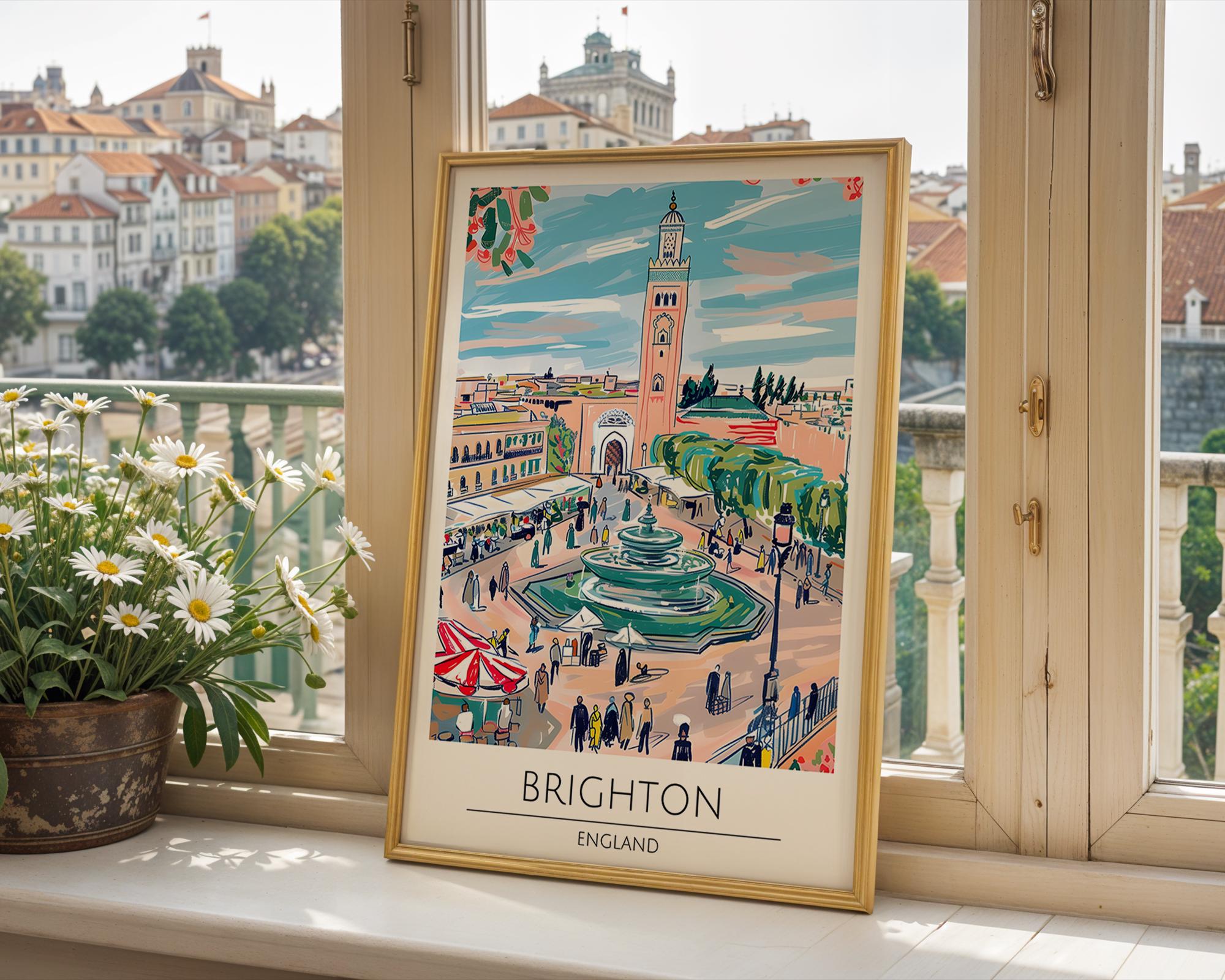 Brighton England Travel Poster | British Seaside Fountain Art Print wall art print, modern home decor, unframed artwork by Nomad & Nest