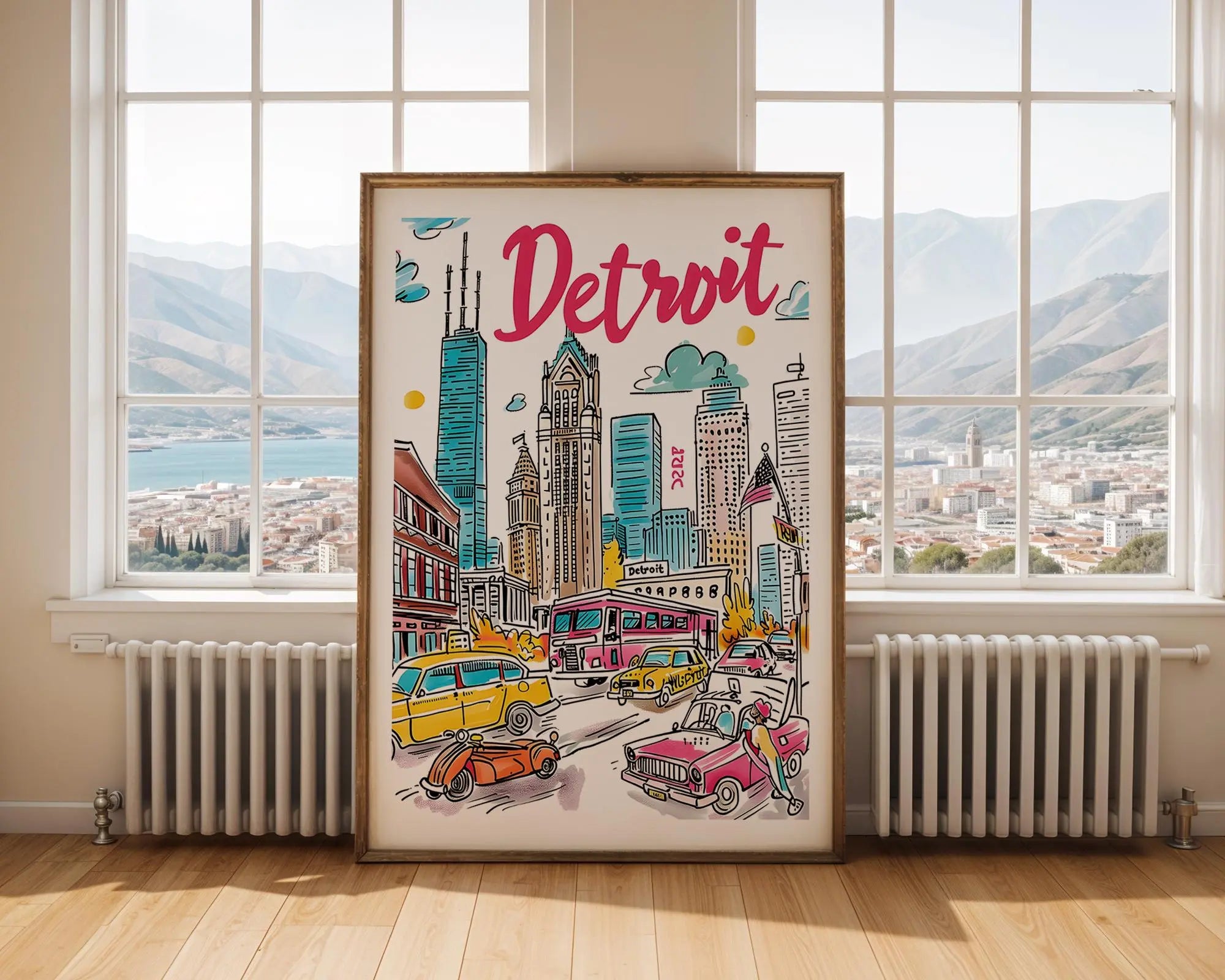 Colorful Detroit Cityscape Art Print | Michigan Travel Poster wall art print, modern home decor, unframed artwork by Nomad & Nest