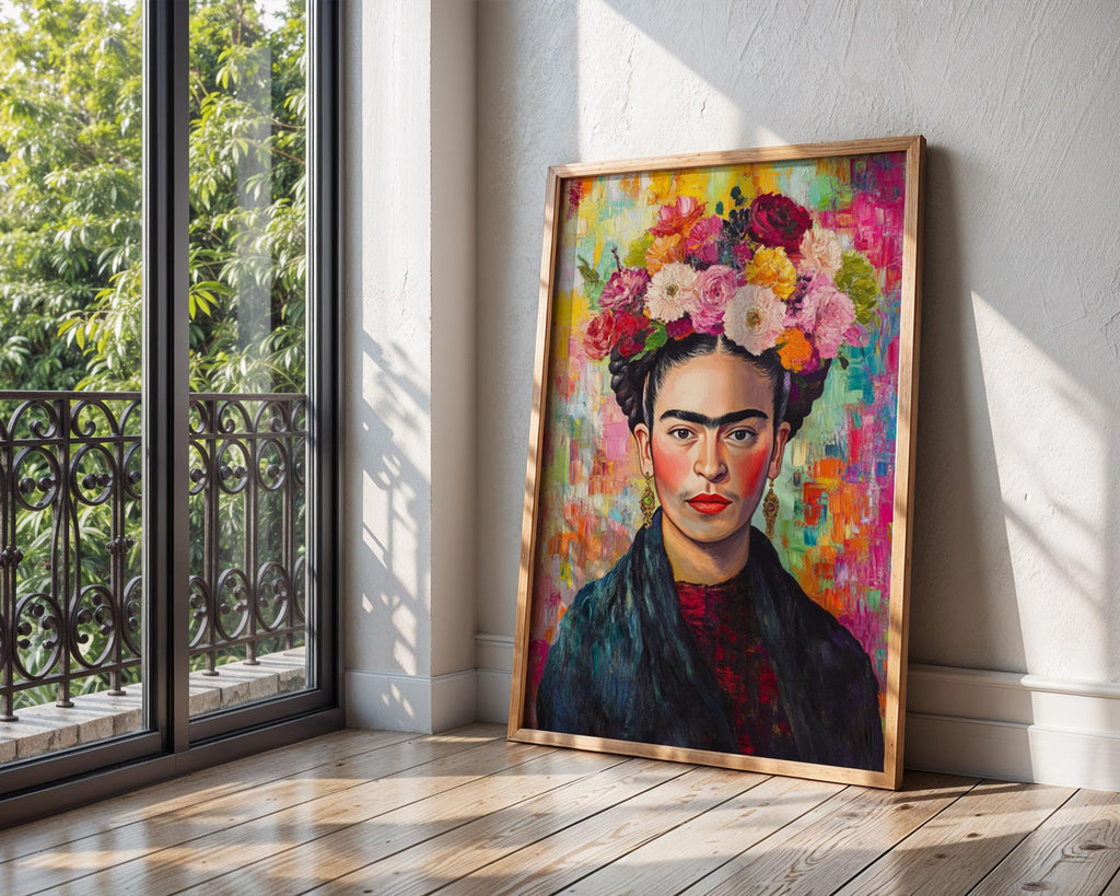 Frida Kahlo Portrait Print | Colourful Floral Crown, Impasto Texture wall art print, modern home decor, unframed artwork by Nomad & Nest